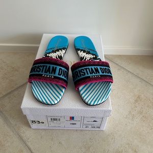 Dior Women Dway Slide Blue Multicolor D-Jungle Pop Embroidered Cotton